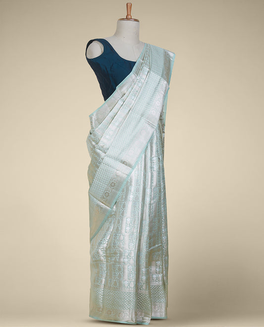 Green jacquard design dupion saree, zari border & pallu of intricate zari designs