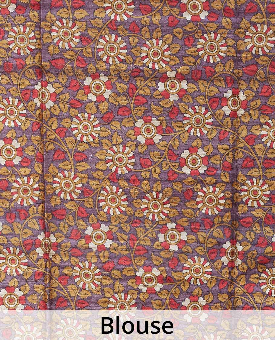 Mustard dupion saree, Vidarbha border & kalamkari-style floral vine printed blouse