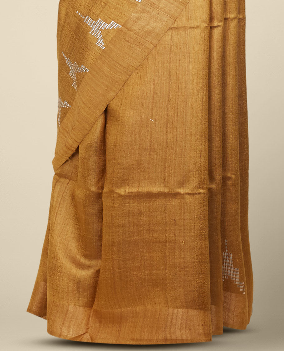 Mustard dupion saree, Vidarbha border & kalamkari-style floral vine printed blouse