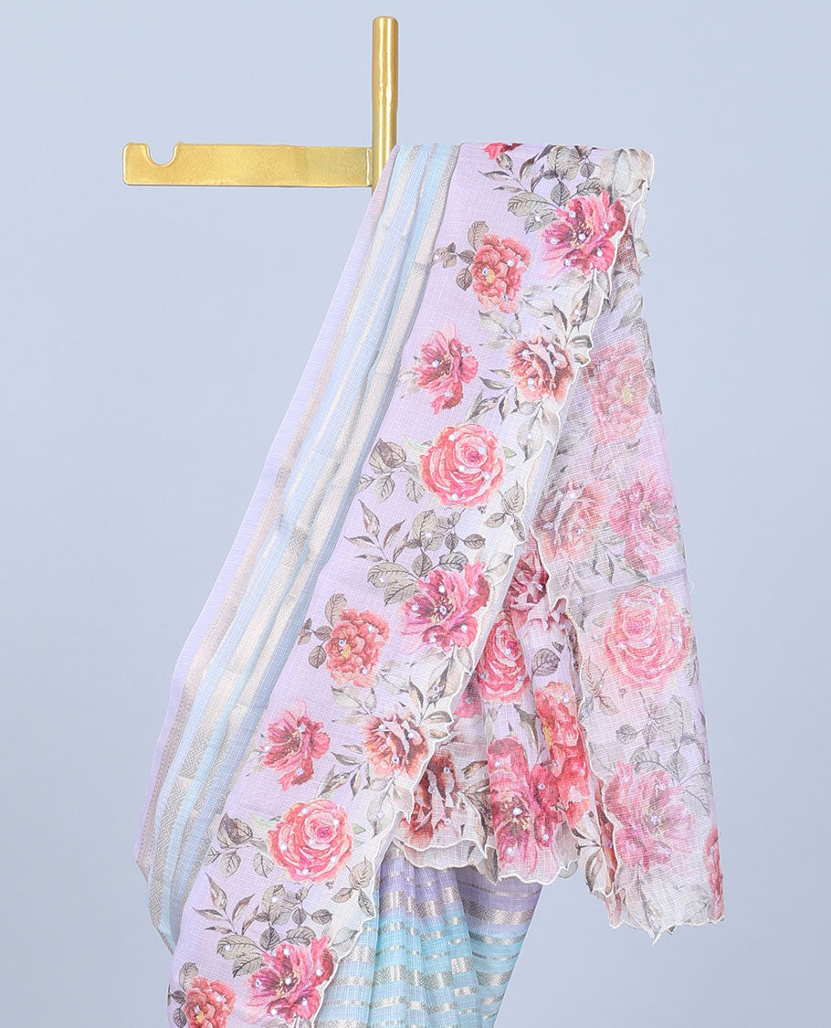 Multi-color zari striped Semi banaras jute saree, scallop border of traditional zari designs & floral printed pallu
