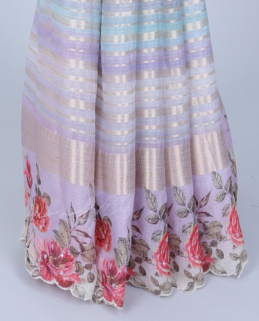Multi-color zari striped Semi banaras jute saree, scallop border of traditional zari designs & floral printed pallu