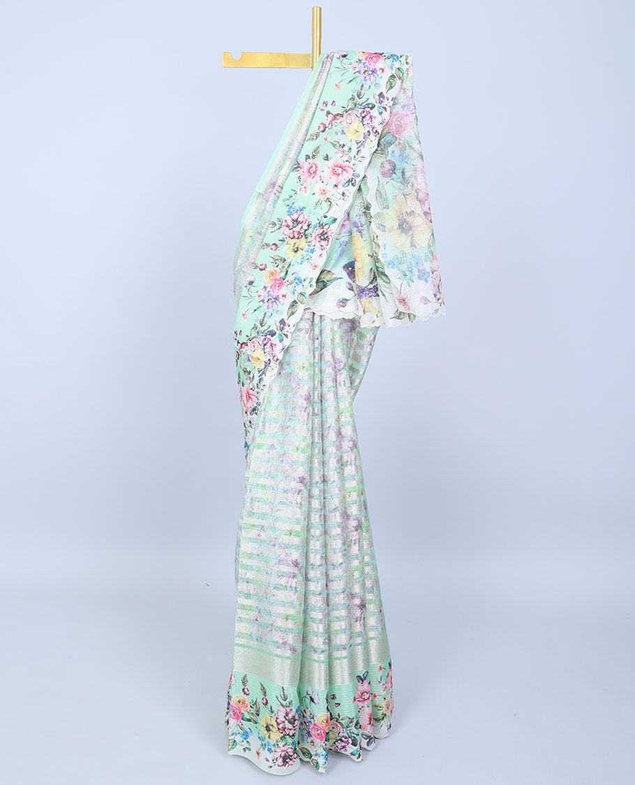 Green zari designs Semi banaras jute saree, scallop border of traditional zari designs & floral printed pallu