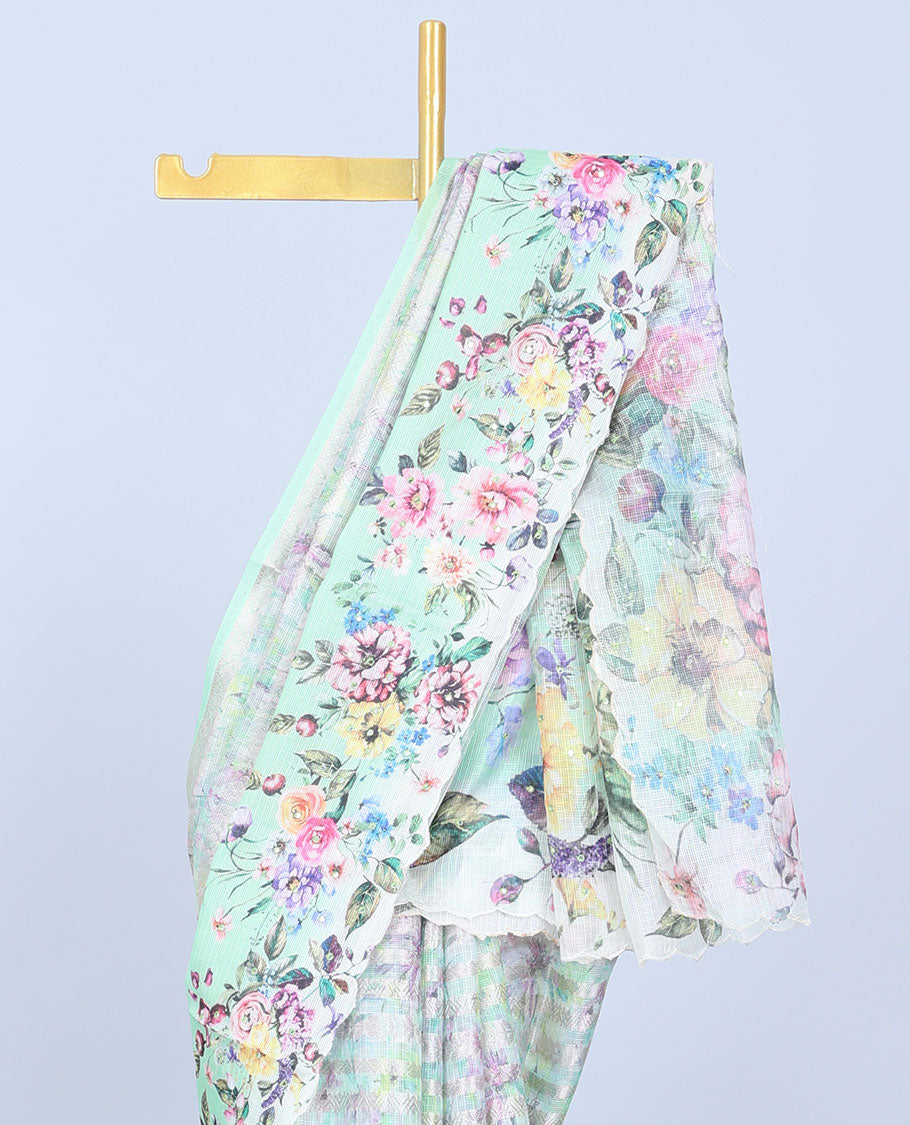 Green zari designs Semi banaras jute saree, scallop border of traditional zari designs & floral printed pallu