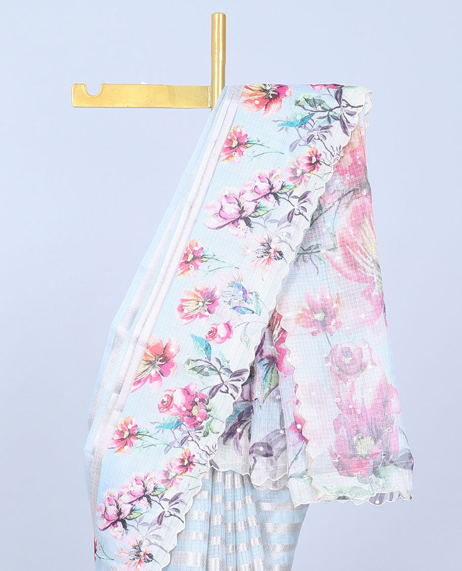 Pastel brown zari designs Semi banaras jute saree, scallop border of traditional zari designs & floral printed pallu