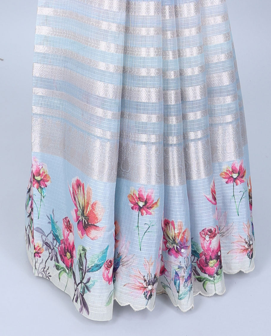 Pastel brown zari designs Semi banaras jute saree, scallop border of traditional zari designs & floral printed pallu