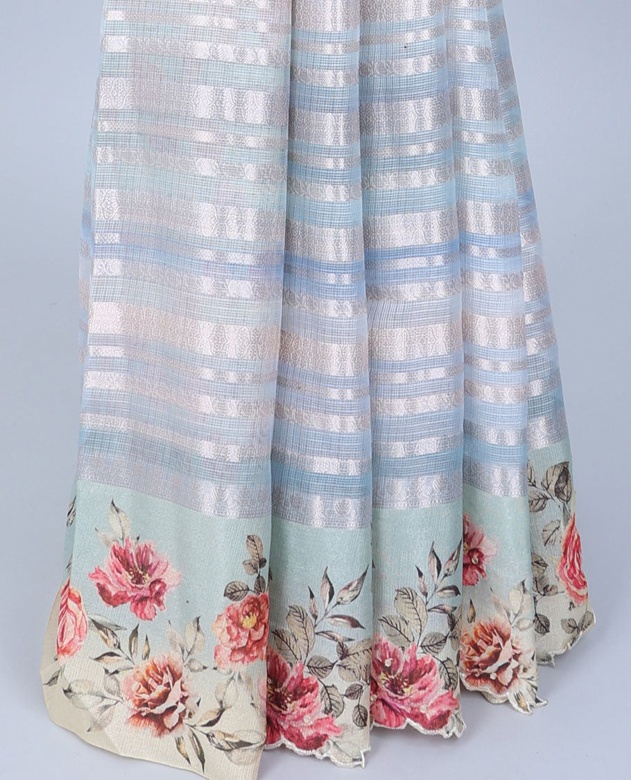 Blue zari designs Semi banaras jute saree, scallop border of traditional zari designs & floral printed pallu