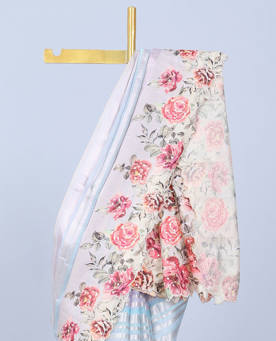Multi-color zari designs Semi banaras jute saree, scallop border of traditional zari designs & floral printed pallu