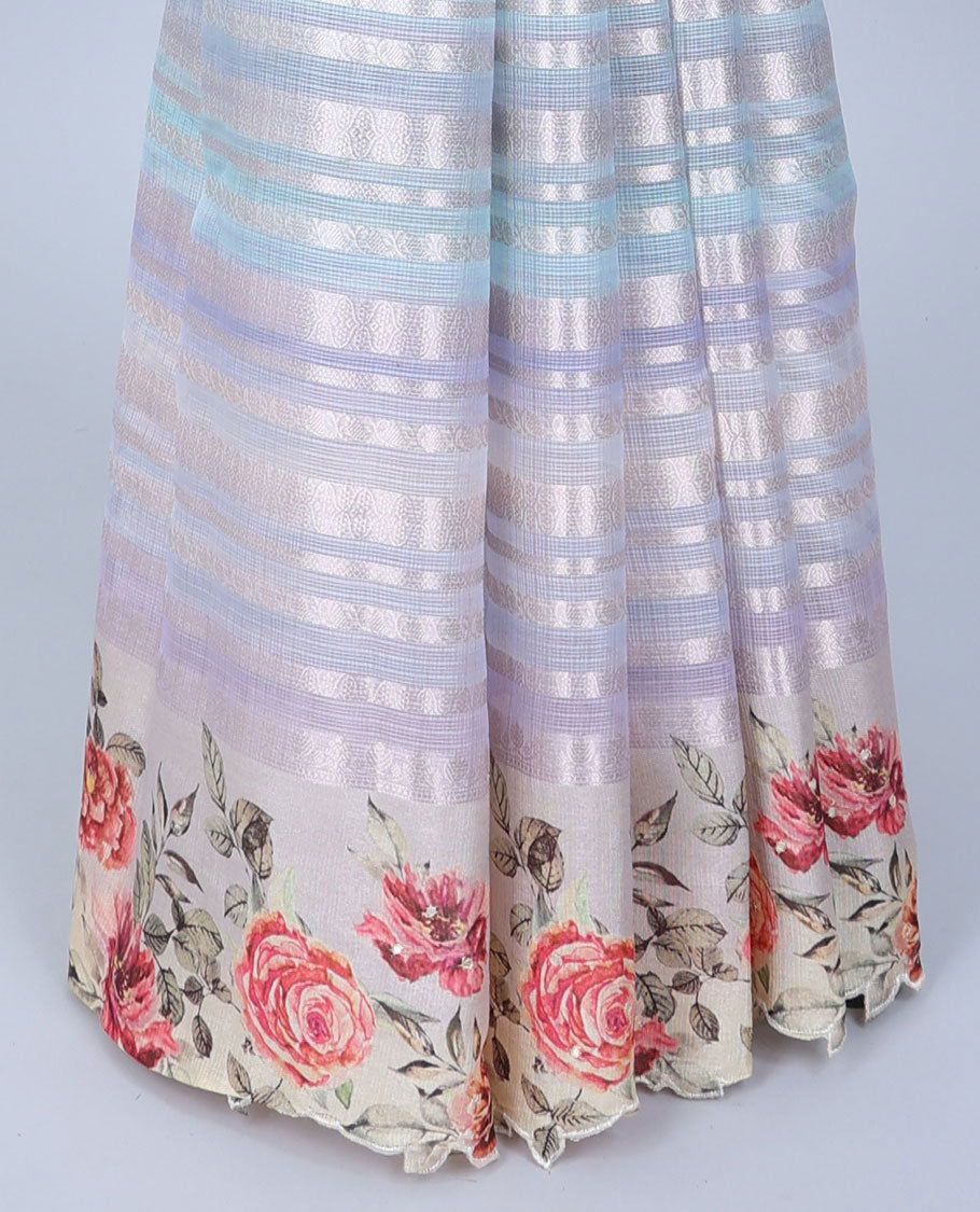 Multi-color zari designs Semi banaras jute saree, scallop border of traditional zari designs & floral printed pallu