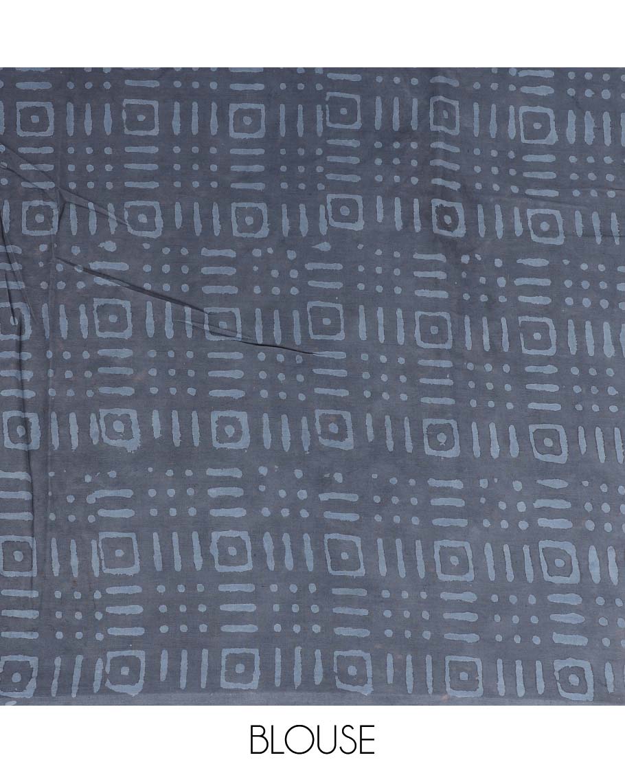Grey unique motifs printed mul-mul cotton saree, self-border & pallu of chevron print