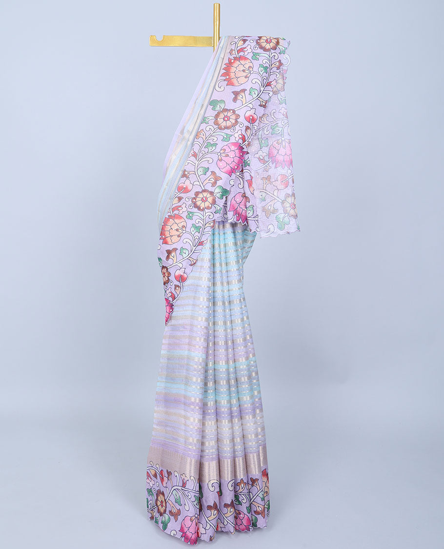 Multicolor zari designs Semi banaras jute saree,scallop traditional zari design border&multicolor floral printed pallu