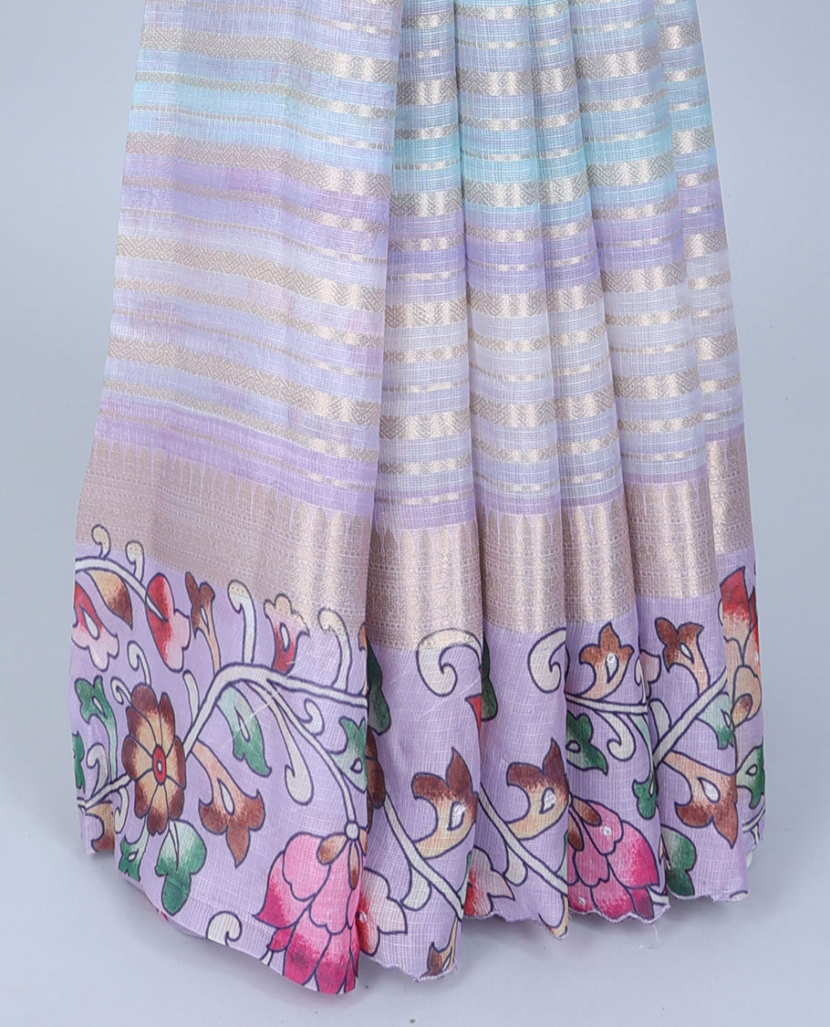 Multicolor zari designs Semi banaras jute saree,scallop traditional zari design border&multicolor floral printed pallu