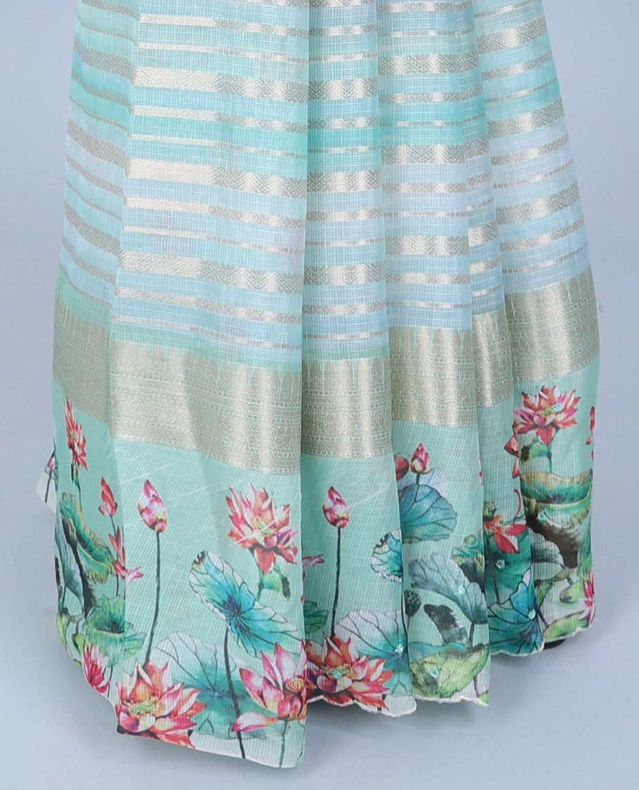Green zari designs Semi banaras jute saree, scallop traditional zari design border & floral vine printed pallu