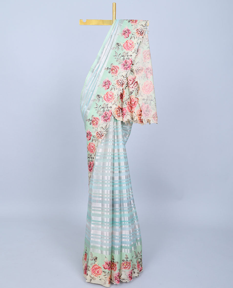 Multi-color zari designs Semi banaras jute saree, scallop traditional zari design border & rose floral printed pallu