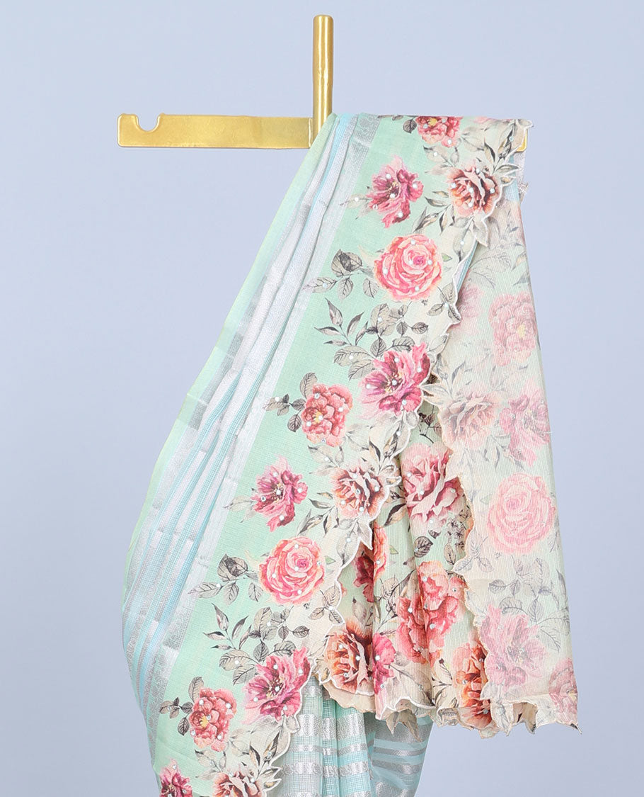 Multi-color zari designs Semi banaras jute saree, scallop traditional zari design border & rose floral printed pallu
