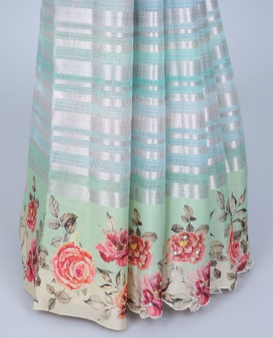 Multi-color zari designs Semi banaras jute saree, scallop traditional zari design border & rose floral printed pallu