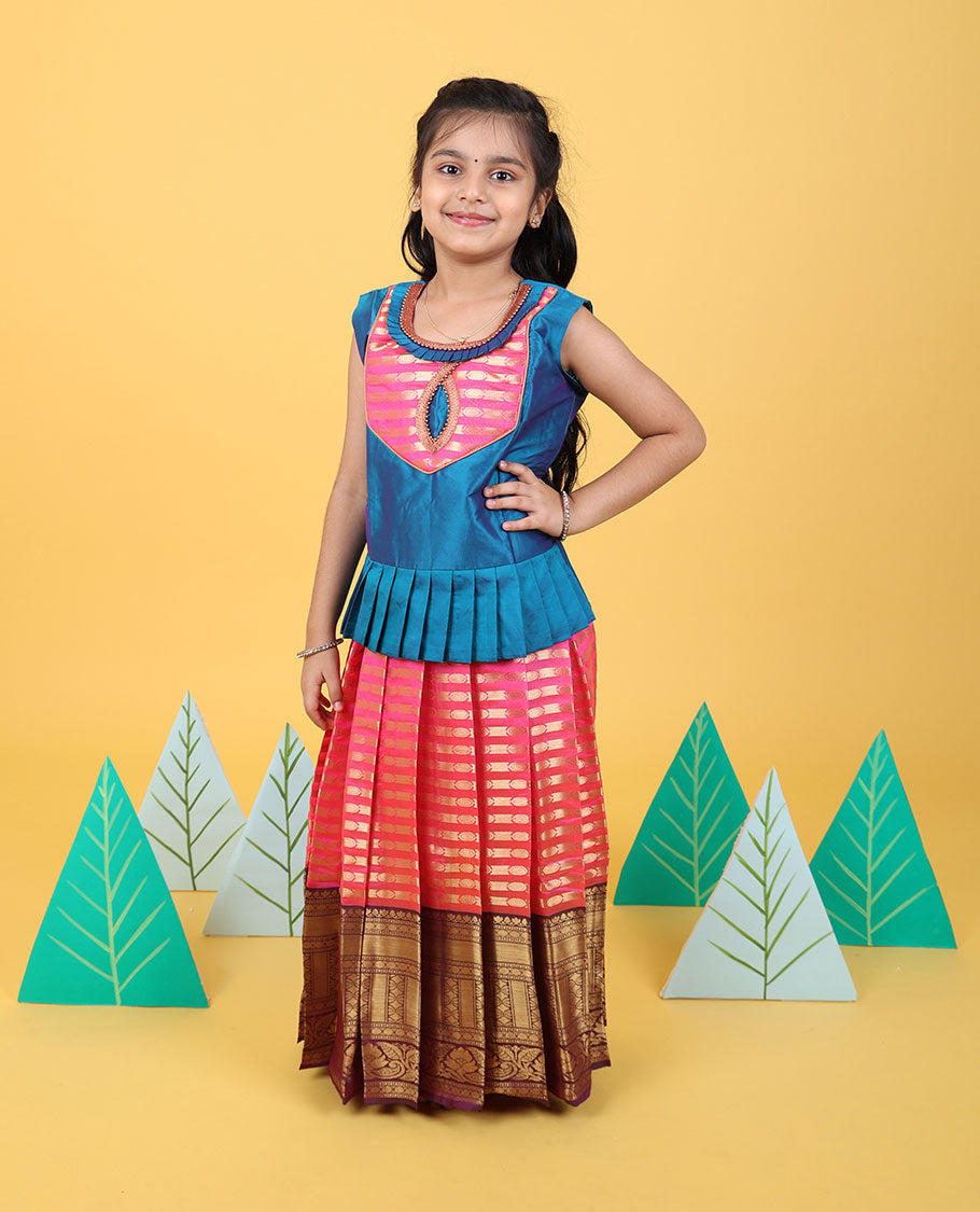 Pink zari designs readymade art silk pavadai with contrast traditional zari border & sleeveless blouse