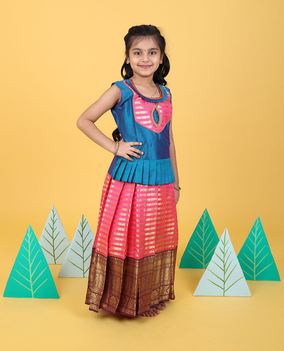 Pink zari designs readymade art silk pavadai with contrast traditional zari border & sleeveless blouse