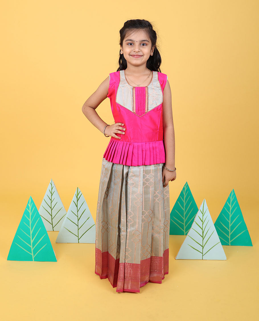 Grey zari designs readymade art silk pavadai with contrast traditional zari border & embroidery sleeveless blouse
