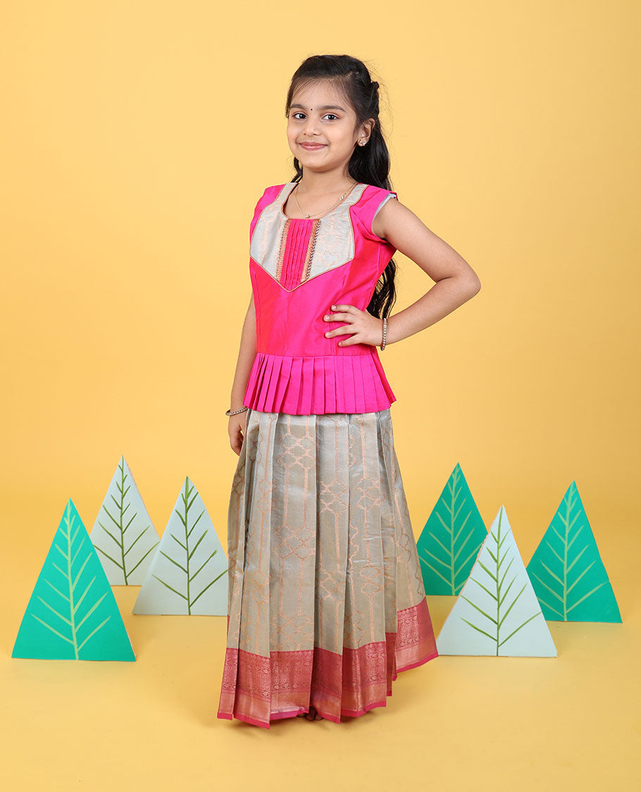 Grey zari designs readymade art silk pavadai with contrast traditional zari border & embroidery sleeveless blouse