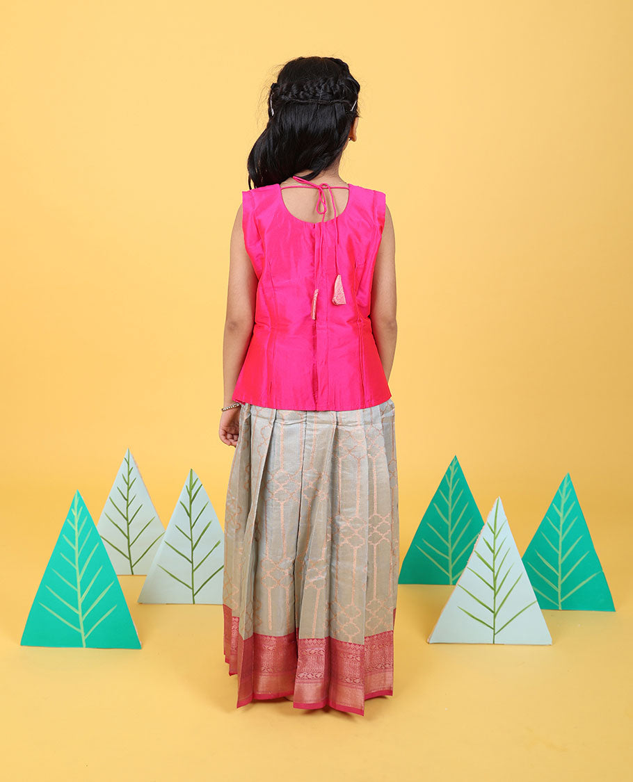 Grey zari designs readymade art silk pavadai with contrast traditional zari border & embroidery sleeveless blouse