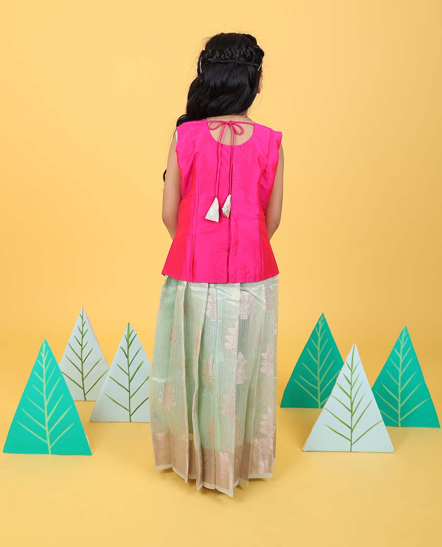 Green floral butta readymade art silk pavadai with traditional zari border & contrast sleeveless blouse