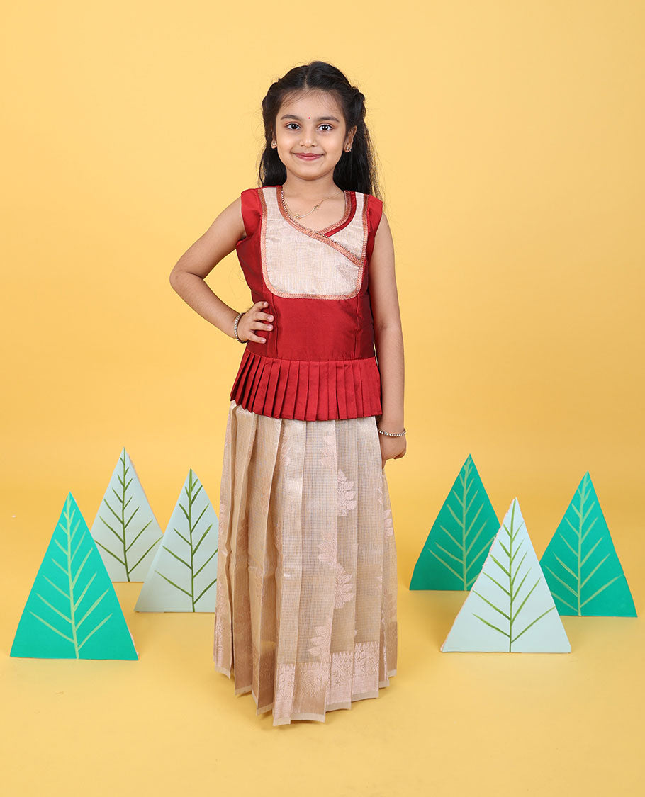 Cream zari design readymade art silk pavadai, traditional zari border & contrast embroidery sleeveless blouse