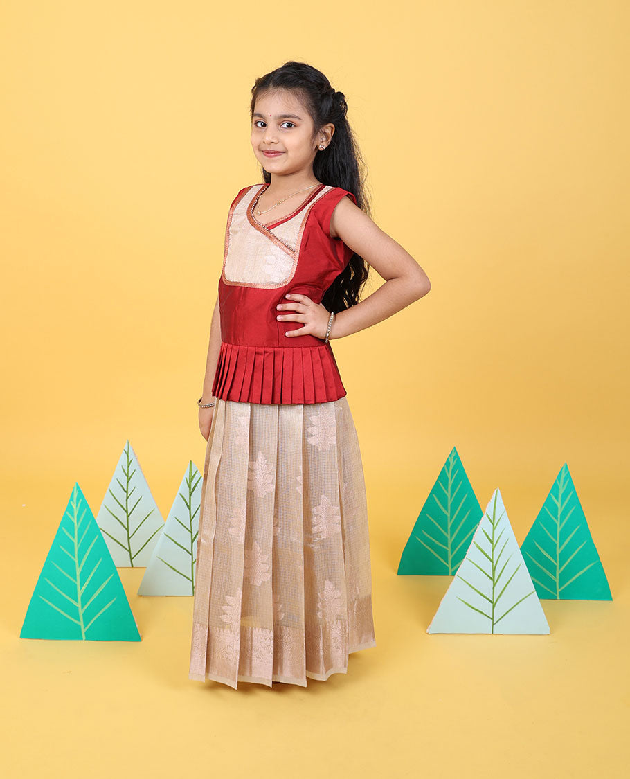 Cream zari design readymade art silk pavadai, traditional zari border & contrast embroidery sleeveless blouse