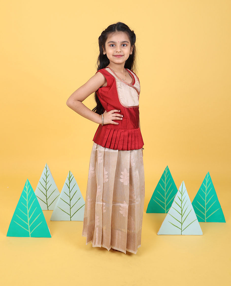 Cream zari design readymade art silk pavadai, traditional zari border & contrast embroidery sleeveless blouse