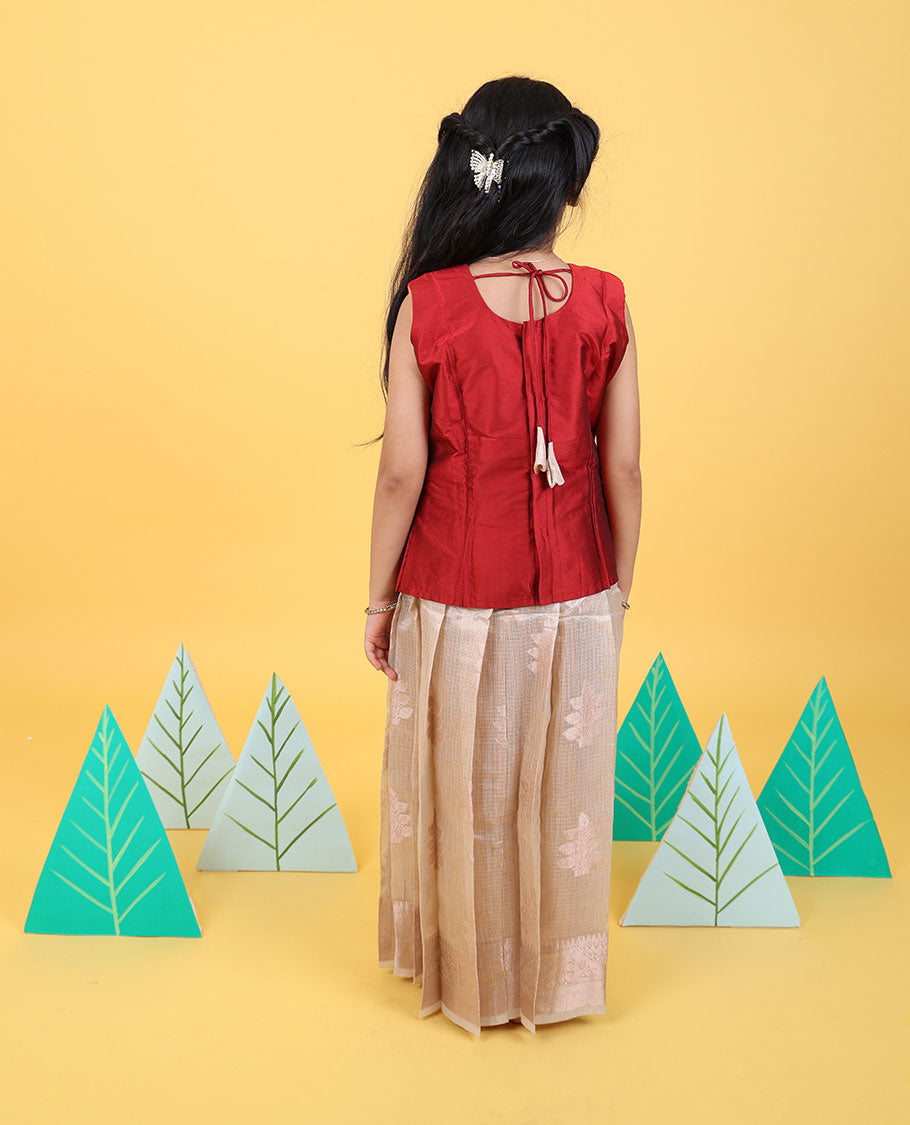 Cream zari design readymade art silk pavadai, traditional zari border & contrast embroidery sleeveless blouse