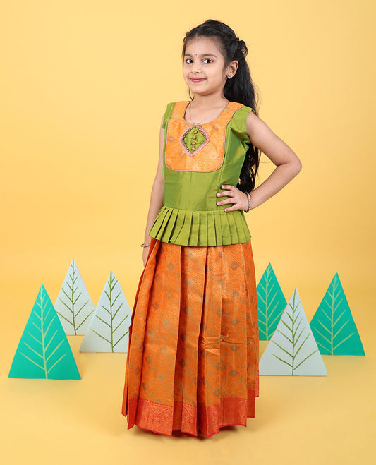 Orange zari design readymade art silk pavadai, contrast zari design border & embroidery sleeveless blouse