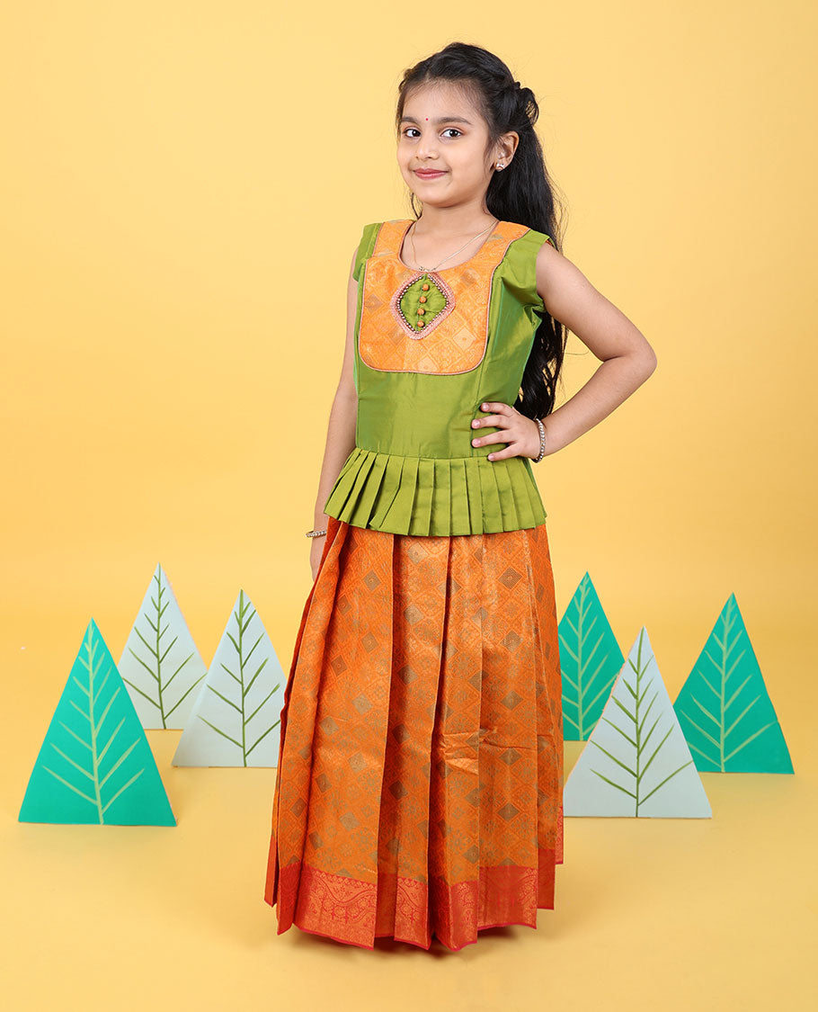 Orange zari design readymade art silk pavadai, contrast zari design border & embroidery sleeveless blouse