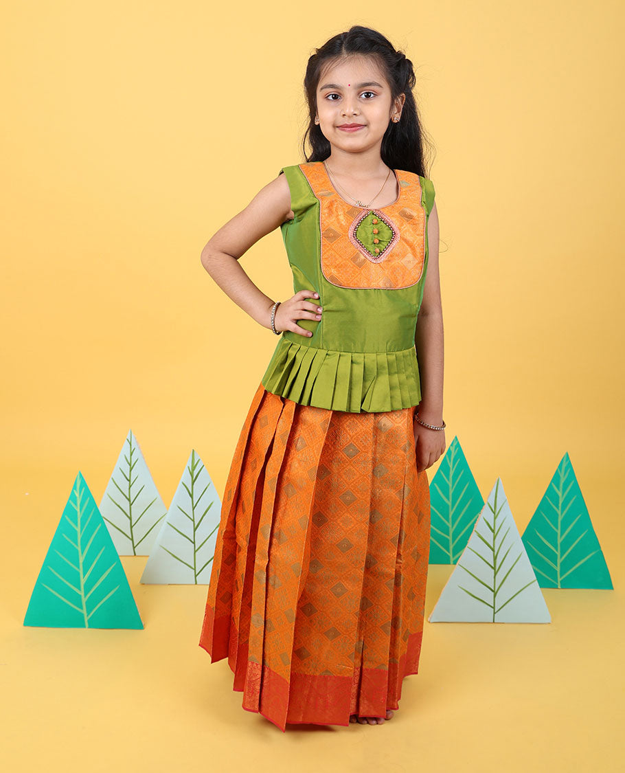 Orange zari design readymade art silk pavadai, contrast zari design border & embroidery sleeveless blouse