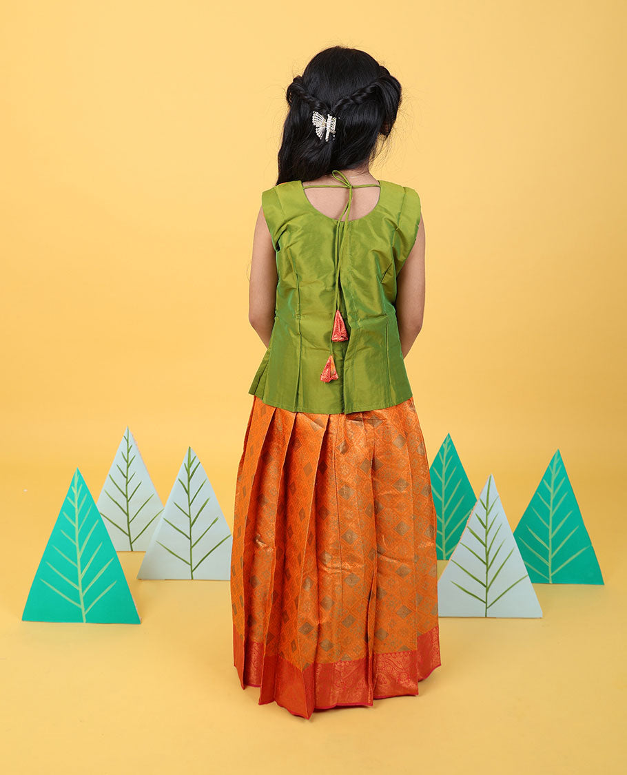 Orange zari design readymade art silk pavadai, contrast zari design border & embroidery sleeveless blouse