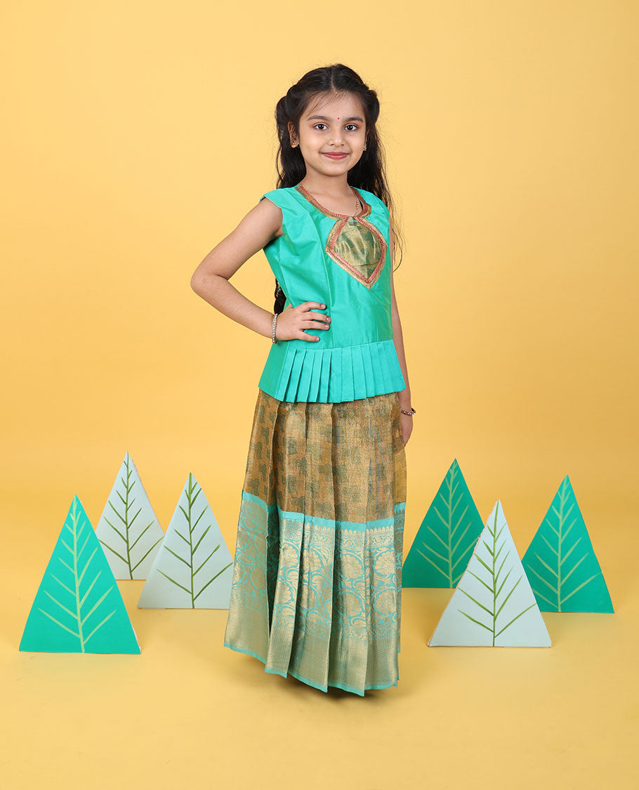 Beige readymade art silk pavadai with contrast traditional zari border of floral vine & sleeveless blouse