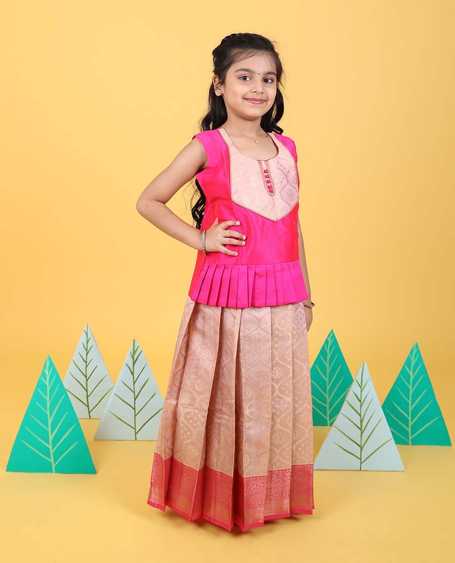 Pale brown ogee patterned readymade art silk pavadai with contrast traditional zari border & sleeveless blouse