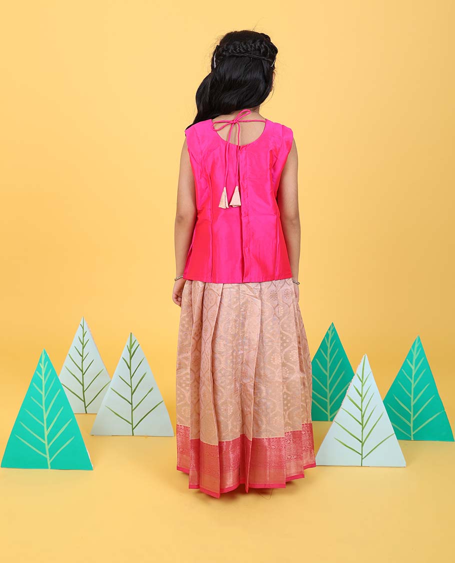Pale brown ogee patterned readymade art silk pavadai with contrast traditional zari border & sleeveless blouse