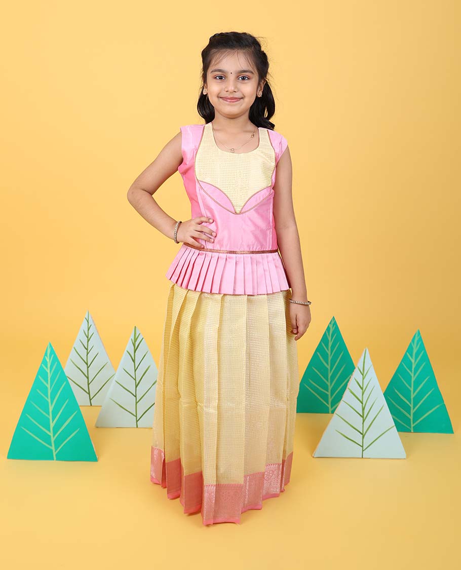 Yellow readymade art silk pavadai with contrast traditional zari border & sleeveless blouse