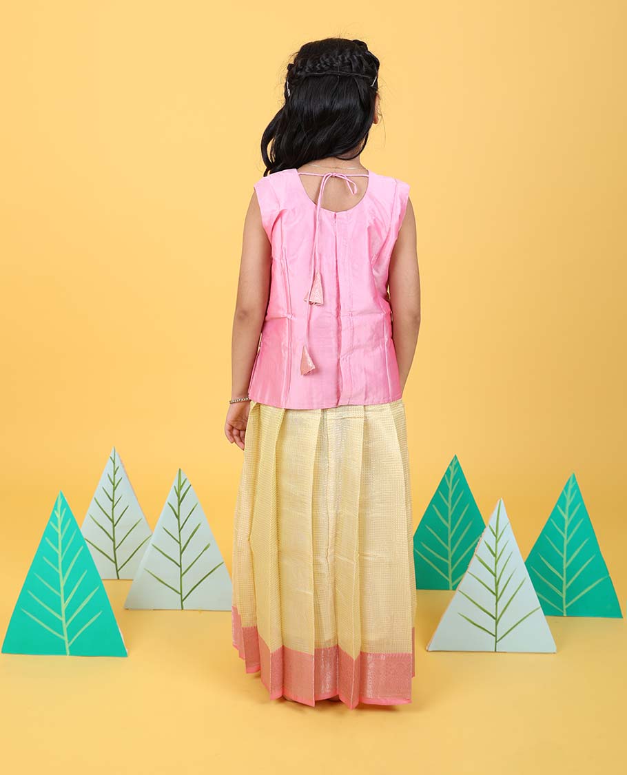 Yellow readymade art silk pavadai with contrast traditional zari border & sleeveless blouse