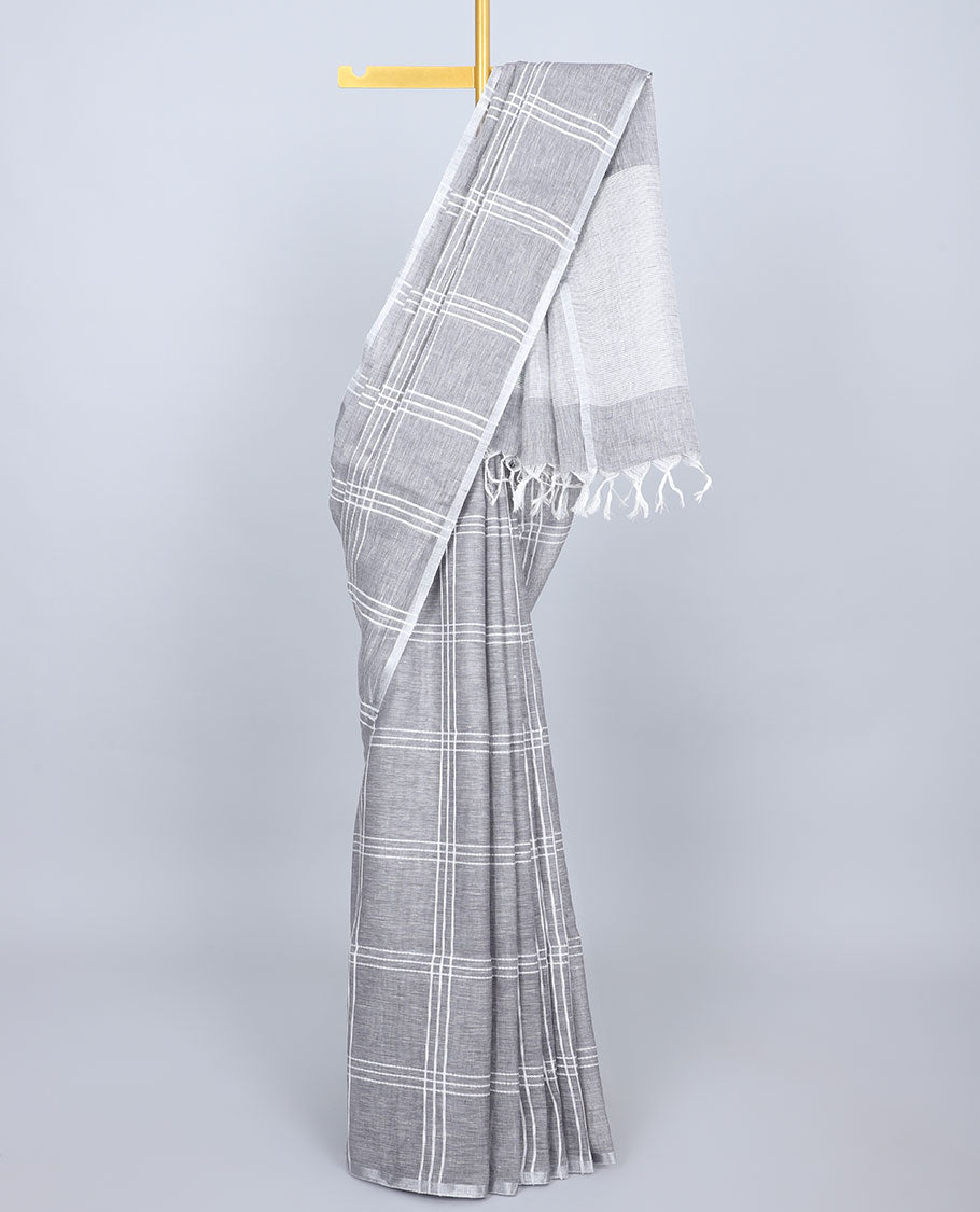 Borderless grey thread checked design linen saree, self-pallu of stripes
