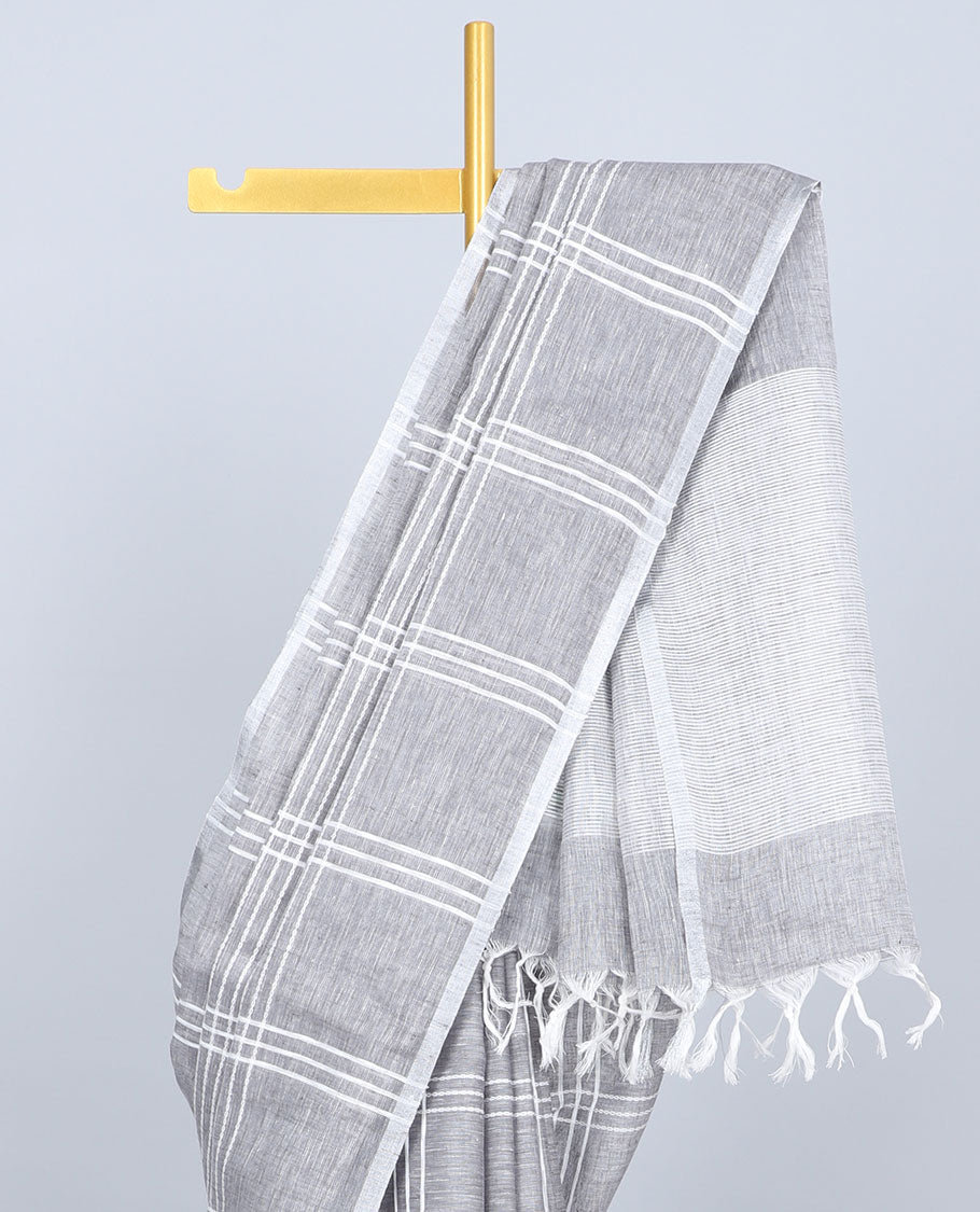 Borderless grey thread checked design linen saree, self-pallu of stripes