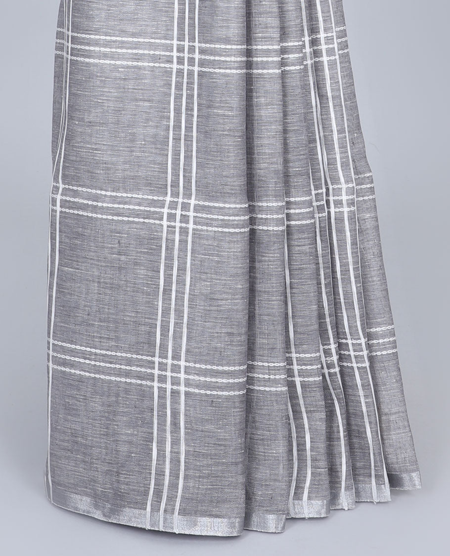 Borderless grey thread checked design linen saree, self-pallu of stripes