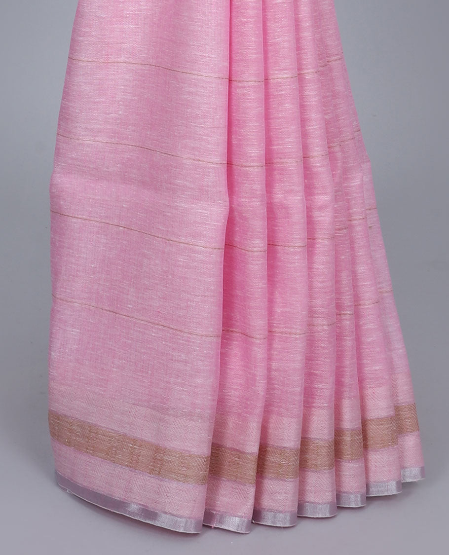 Pink striped linen saree, zari border & contrast pallu of stripes