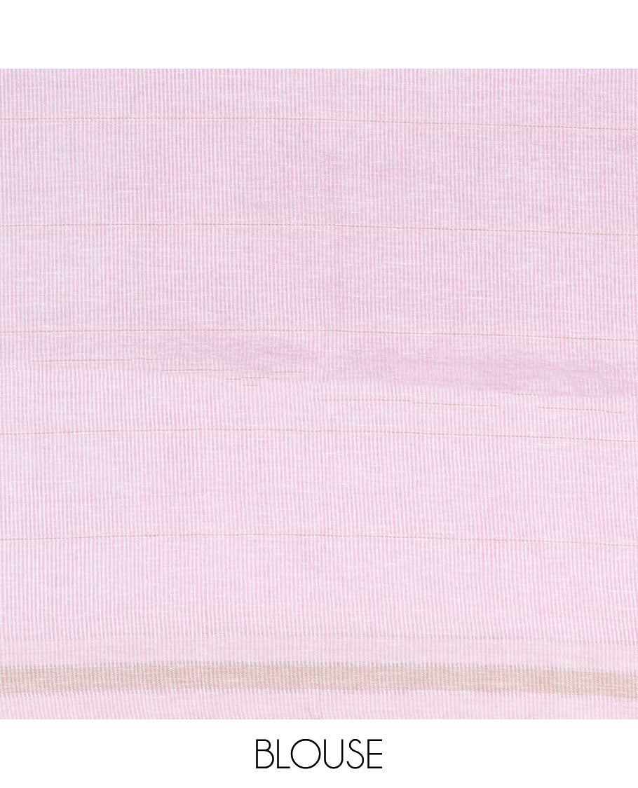 Pink striped linen saree, zari border & contrast pallu of stripes