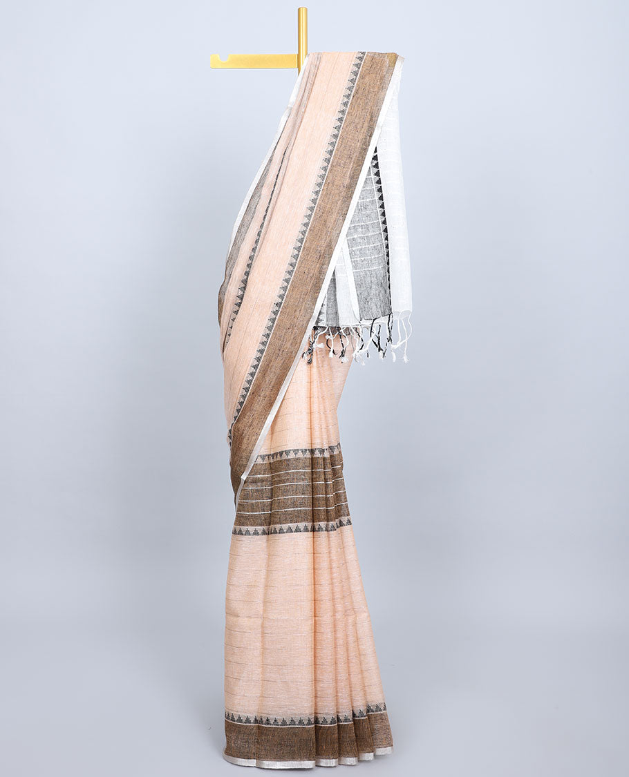 Orange linen saree with stripes & temple motifs, contrast temple border & pallu of stripes