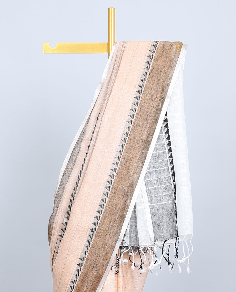 Orange linen saree with stripes & temple motifs, contrast temple border & pallu of stripes