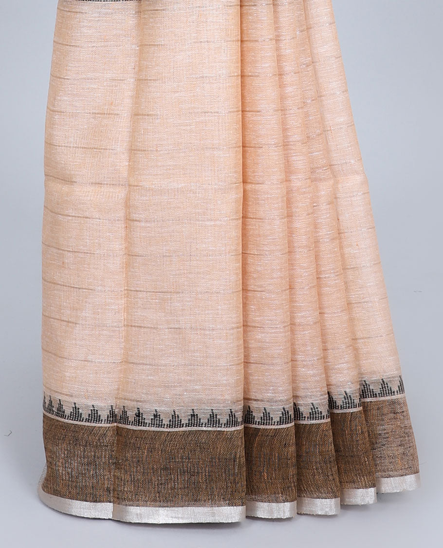 Orange linen saree with stripes & temple motifs, contrast temple border & pallu of stripes