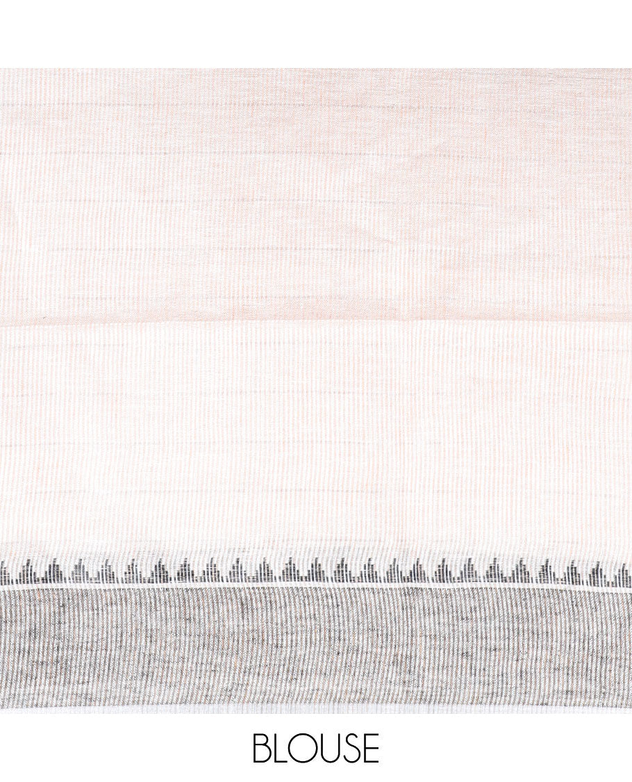 Orange linen saree with stripes & temple motifs, contrast temple border & pallu of stripes