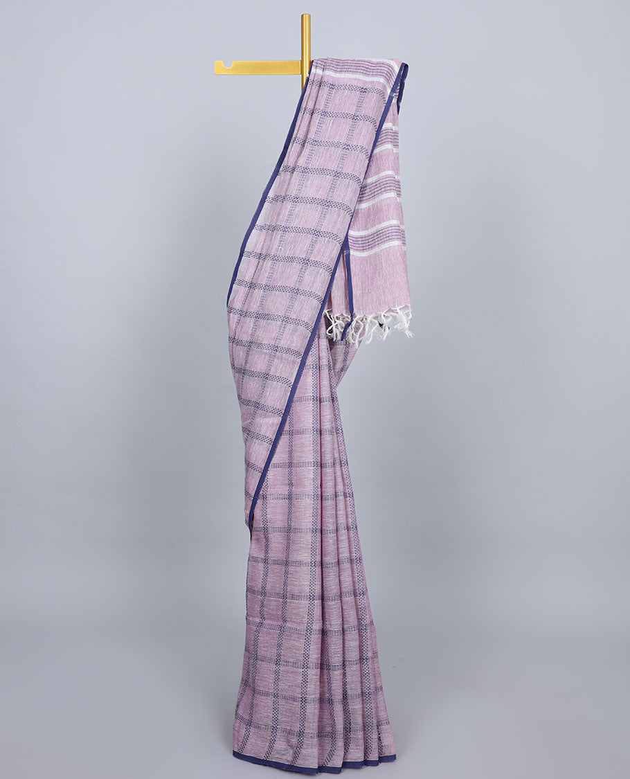 Borderless pale purple thread checked design linen saree, self-pallu of stripes