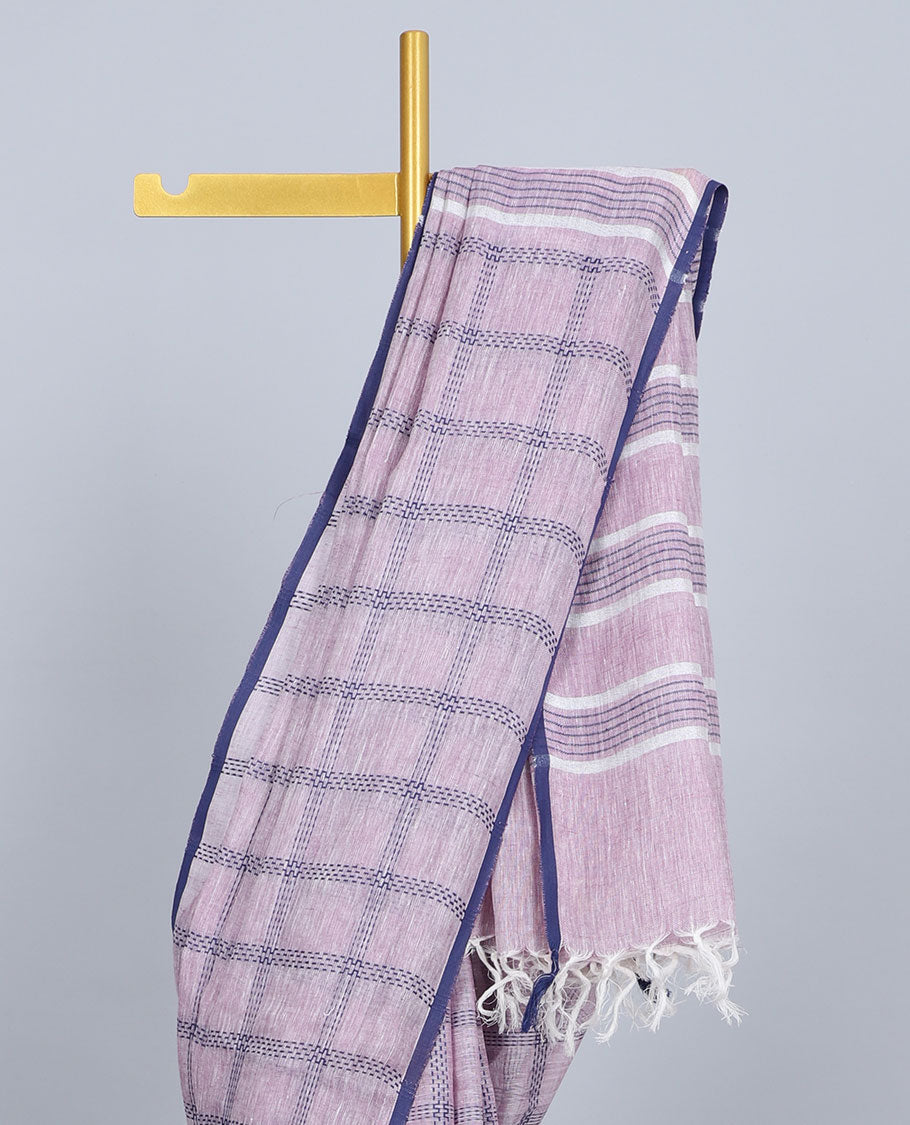 Borderless pale purple thread checked design linen saree, self-pallu of stripes