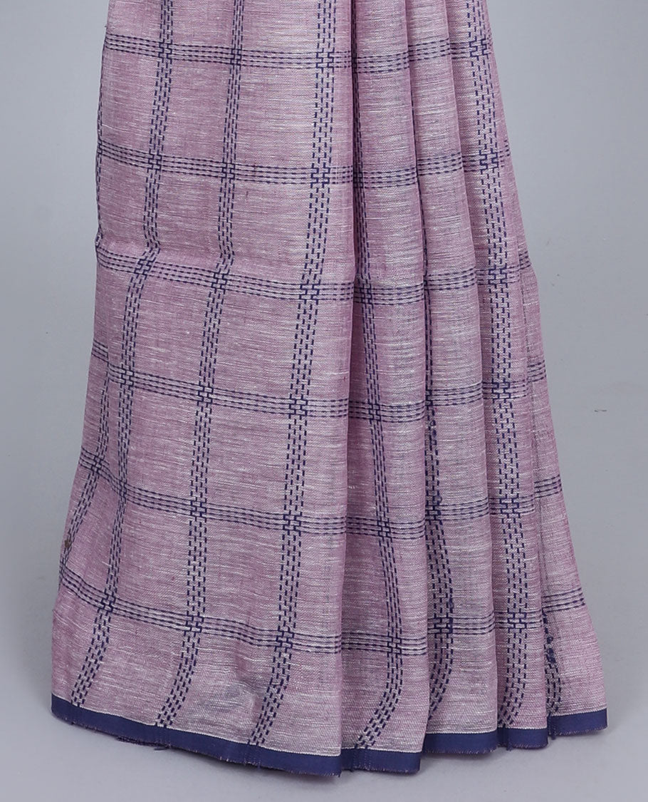 Borderless pale purple thread checked design linen saree, self-pallu of stripes